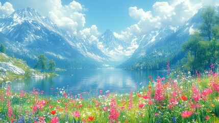 Serene Mountain Lake Landscape with Blooming Meadow