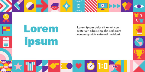 Vector flat horizontal frame for poster with square abstract icons which are signs of world football championship (cup). Template with copy space, geometrical clipart for sport collection