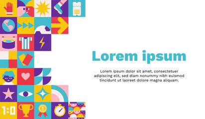 Vector flat horizontal poster with square abstract icons which are symbols of world football championship (cup). Minimalistic template with copy space, geometrical clipart for sport collection