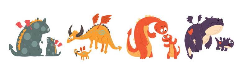 Cute Mom Dragon with Its Baby Vector Set