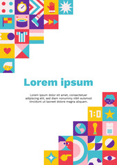 Vector flat vertical poster A4 size with square abstract icons which are symbols of world football championship (cup). Template with copy space, geometrical clipart for sport collection