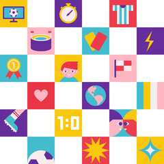 Vector seamless pattern with square abstract compositions with simple icons that are symbols of world football championship (cup). Minimalistic trendy illustration, clipart sport collection