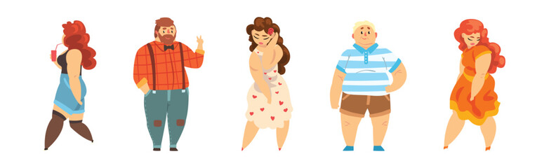 Fototapeta premium Plump Man and Woman Character with Chubby Stout Body Vector Set