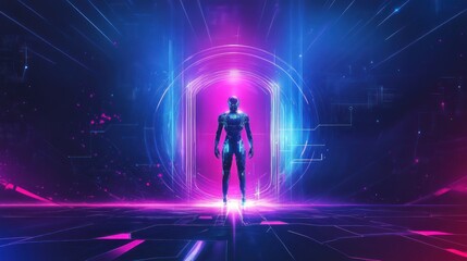 Cybernetic sentry stands guard at the nexus of innovation and technology future