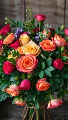 Rustic bouquet overflowing with vibrant roses and lush greenery, flowers, vibrant, rustic