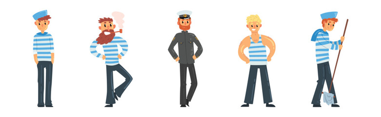 Man Sailor Character in Striped Shirt and Cap Vector Set