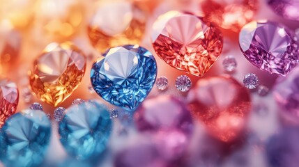 Luxurious gem hearts assortment background with soft, dreamlike focus