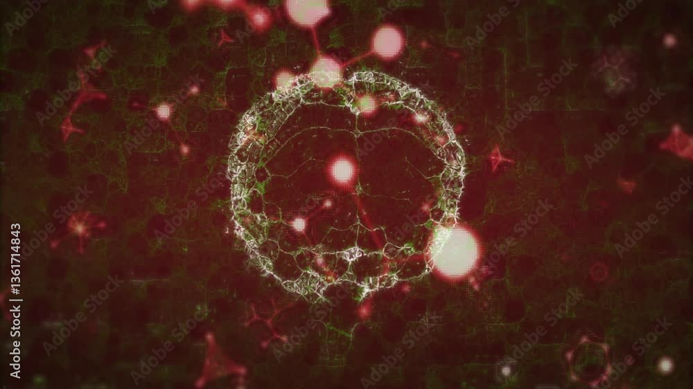 Poster animating glowing red and white particles forming circular pattern on dark background