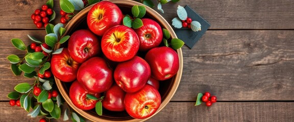 Rustic bowl brimming with shiny red apples, nestled amongst eucalyptus and holly on aged wood, wood, simple