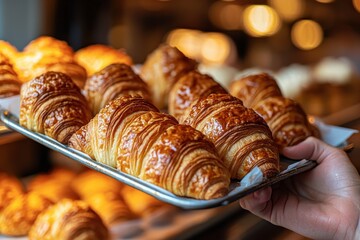 A tempting tray of freshly baked croissants glistens with golden perfection, held by a hand in a warm bakery setting, promising a delightful and decadent breakfast experience.
