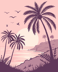 Pastel Sunset Over Calm Ocean with Palm Trees Silhouettes – Dreamy Lo-fi Vector Illustration