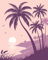 Pastel Sunset Over Calm Ocean with Palm Trees Silhouettes – Dreamy Lo-fi Vector Illustration