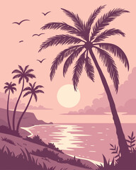 Pastel Sunset Over Calm Ocean with Palm Trees Silhouettes – Dreamy Lo-fi Vector Illustration
