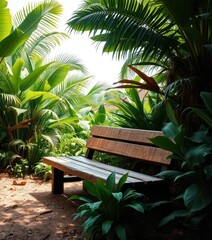 Fototapeta premium Rustic wooden bench nestled amongst lush tropical foliage, earthy tones, peaceful place, outdoor, wood