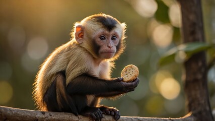 A young monkey sitting on a branch, holding a cookie in a natural setting.
