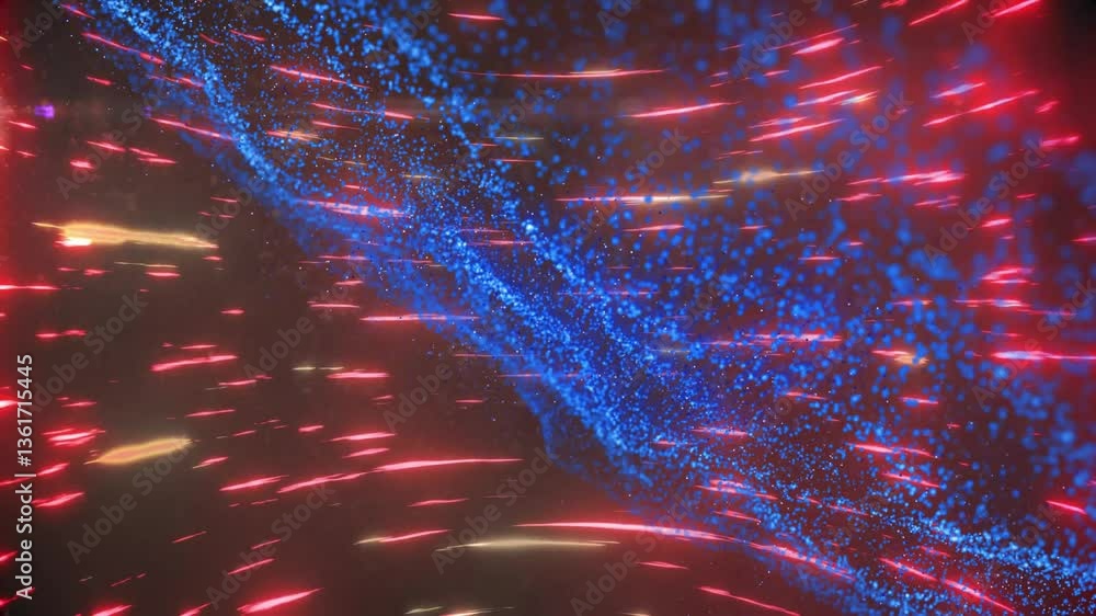 Poster creating vibrant abstract pattern with dynamic red and blue light trails