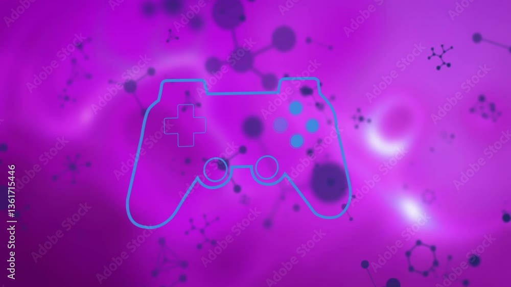 Poster game controller outline over purple background with molecular pattern animation