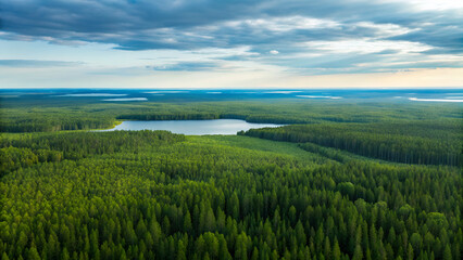 Obraz premium Taiga Biome Vast green forests surround a serene lake under a dramatic sky, showcasing nature's beauty and tranquility.