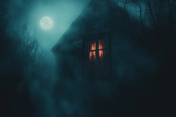 Obraz premium Spooky house in the dark fog with bright moon and a glowing window. Use for mystery, horror, Halloween, or spooky seasonal projects.