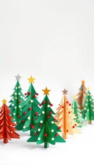 Several whimsical cardboard Christmas trees stand on a pristine white background, trees, eco-friendly craft, winter decor