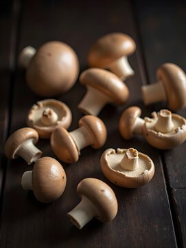 Fresh Mushrooms on Dark Wood Tabletop Background Food Photography Concept