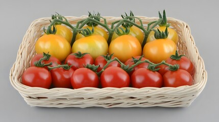 Fresh Red and Yellow Tomatoes in Wicker Basket
