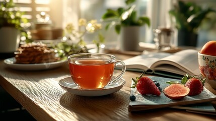 Simple breakfast setup featuring a cup of tea alongside fresh fruit and a book for a cozy morning experience