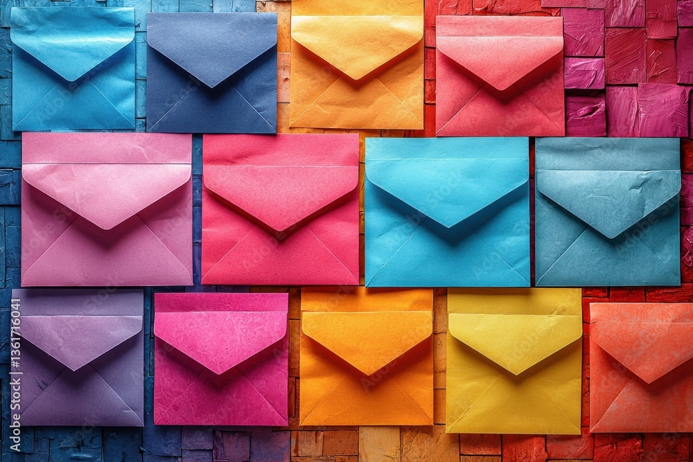 Poster colorful envelopes arranged on a textured background create a vibrant display suitable for various o