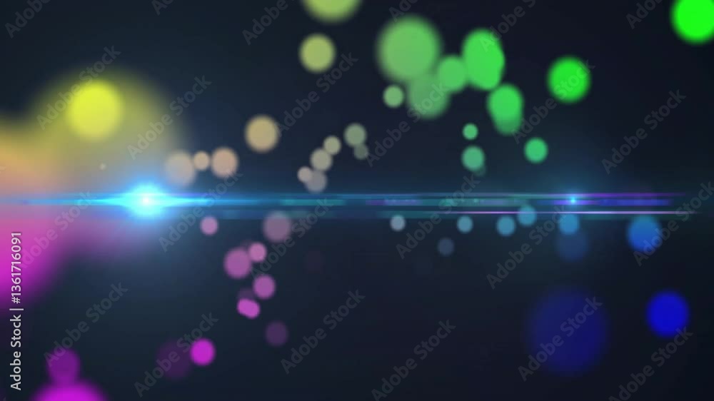 Poster floating colorful bokeh lights with lens flare effect on dark background