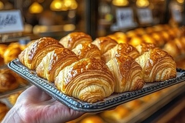 A hand presents a tray of freshly baked croissants, glazed with a golden sheen, promising a delightful and flaky treat straight from a Parisian bakery.