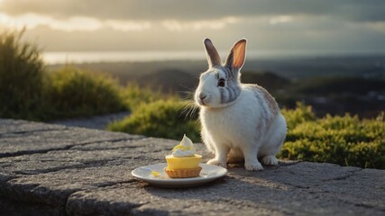 A rabbit beside a cupcake on a plate, set against a scenic landscape.