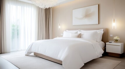 Luxurious bedroom interior, featuring a large bed with white linens,  natural light, and modern design elements