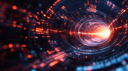 Obraz premium Digital tunnel with red and blue lights, ending in bright light. Use for data, technology, speed, or the digital future in your project.