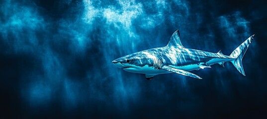 Great White Shark Glides Through Dark Blue Ocean Waters, Powerful Predator, Marine Wildlife