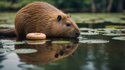 A beaver near a donut on a lily pad in a serene water setting.
