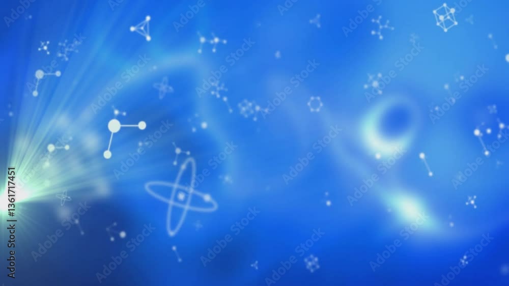 Poster glowing light and molecular structure patterns on abstract blue background animation
