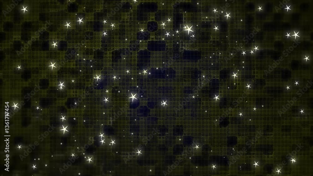Aufkleber creating cosmic effect, glowing stars scattered over dark green grid pattern animation