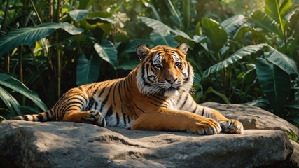 Obraz premium A tiger resting on a rock amidst lush greenery in a serene environment.