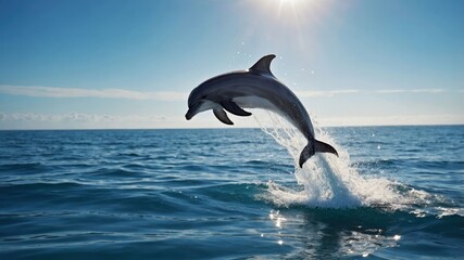Fototapeta premium A dolphin leaps out of the ocean against a bright sky, showcasing its agility and playfulness.