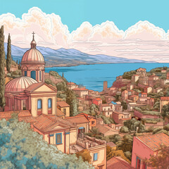 Obraz premium Illustrated view of an Italian coastal village, typical Mediterranean seaside landscape