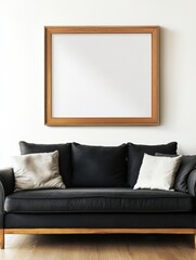 Cozy living room with a empty wooden frame above sofa.