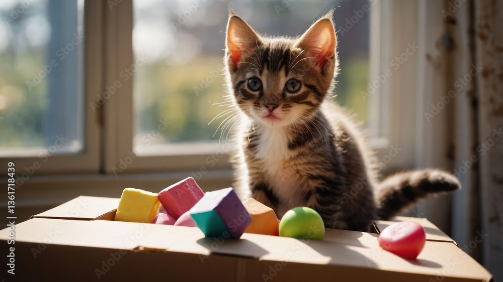 Aufkleber a playful kitten sits atop a box surrounded by colorful building blocks in soft sunlight.