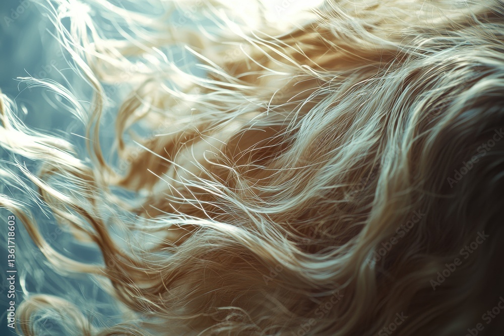 Poster close-up abstract featuring flowing golden hair illuminated with sunlight, creating a dynamic and ar