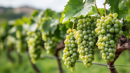 Fresh Green Grapes on Vine in Lush Vineyard Landscape