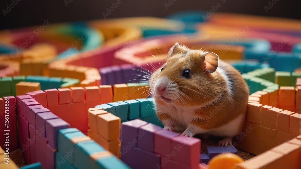 Poster a hamster exploring a colorful maze made of blocks, engaging in playful activity.