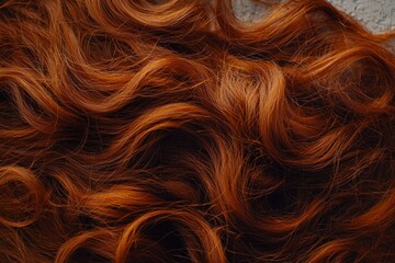 Naklejka premium Abstract close-up of vibrant auburn wavy hair, showcasing intricate texture and rich, warm tones against a subtle, neutral background for beauty concepts.