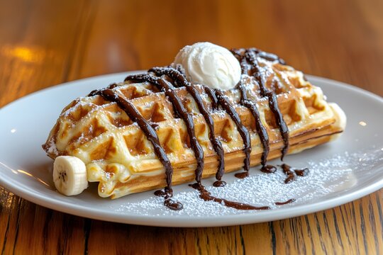 Delicious Belgian Waffle with Chocolate Sauce and Ice Cream