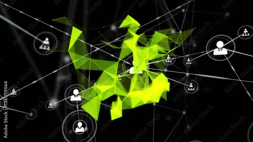 Poster animation of green geometric shapes with connected network icons and lines