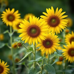 Obraz premium Vibrant yellow wild sunflowers in full bloom, blurred background, nature, wildflowers