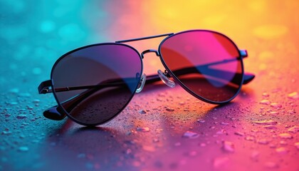 Sleek aviator sunglasses on colorful burst background. Modern product photo with water drops, vibrant lighting, artistic visual. Stylish glasses, summer eyewear. Fashion eyewear accessories,